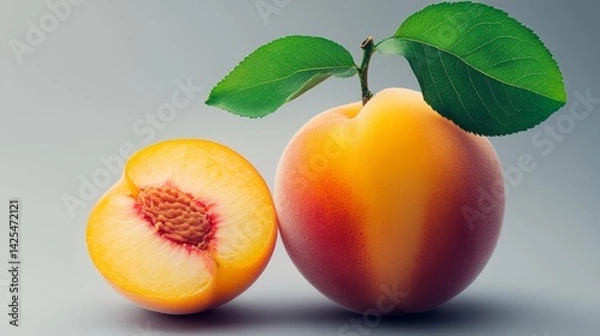 Fototapeta Peach is shown with its stem and leaf still attached. The peach is cut in half, revealing its juicy, orange flesh. Concept of freshness and natural beauty