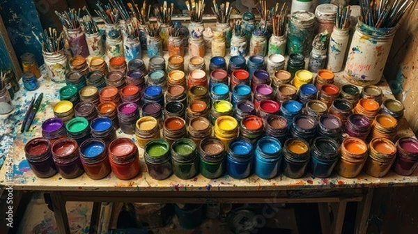 Fototapeta A palette with a variety of vibrant paint colors in jars and brushes spread across an artist's desk.