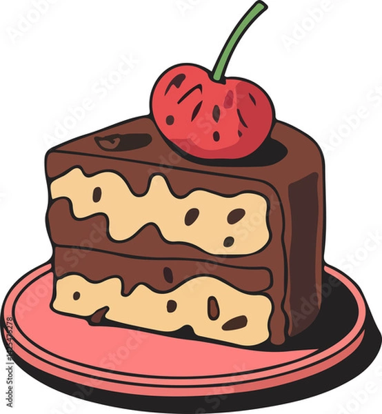 Fototapeta A cartoon slice of chocolate cake with a cherry on top.