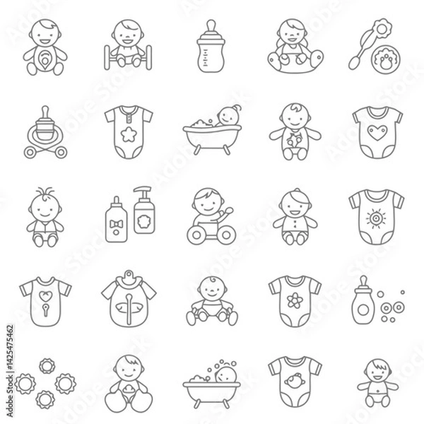 Fototapeta Set of line icons related to child care,   international children day, kid rights, parenthood. Outline icon collection. Editable stroke. Vector illustration