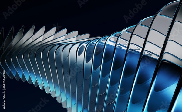 Obraz Abstract black 3d background with glass transparent square plates row, light blue gradient and speed motion effect. Crystal curve wave line pattern. Render futuristic digital tech. 3D illustration