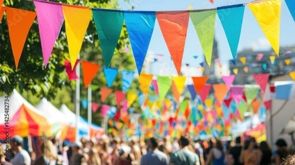 Fototapeta A community event celebrating diversity, with flags and decorations in a wide range of colors.