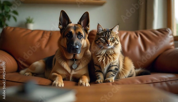 Fototapeta A heartwarming bond: a German Shepherd and tabby cat lounging on a sofa