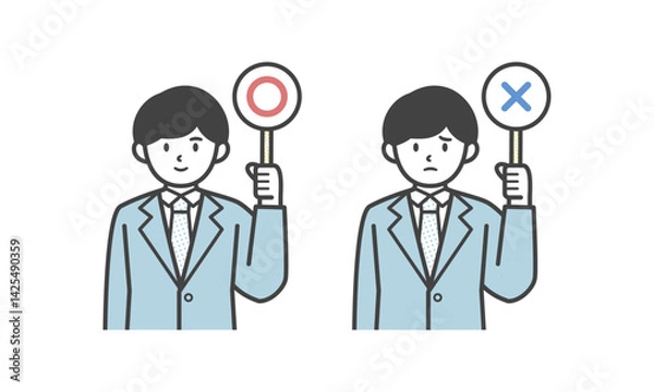 Obraz 丸とバツの札を持つスーツ姿の男性（バストアップ）