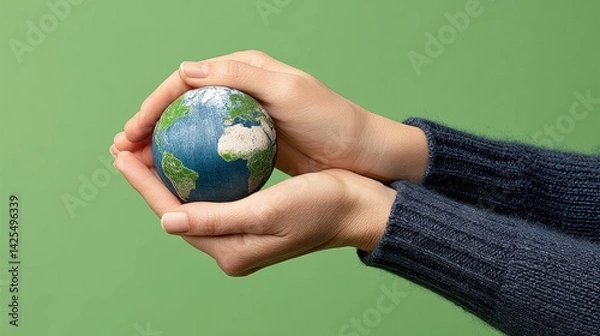 Fototapeta Person is holding a globe in their hands. The globe is made of paper and is green in color. The person is wearing a blue sweater