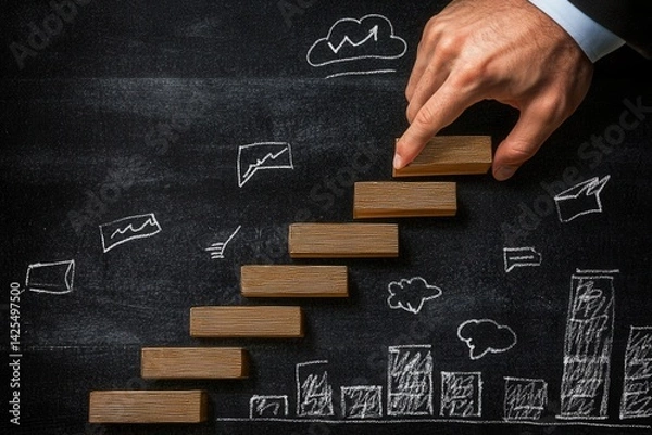 Obraz Businessman arranging wooden blocks on a chalkboard graph illustrating growth trends