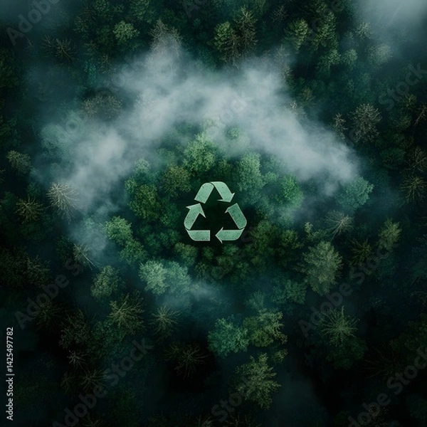 Obraz A green forest with the recycling symbol in the middle.