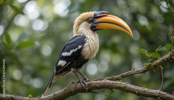 Fototapeta A colorful hornbill perched on a branch in a lush green environment.