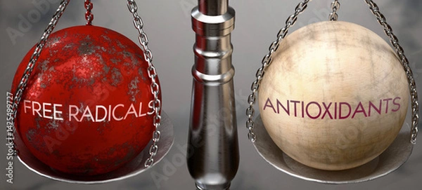 Fototapeta Free Radicals or Antioxidants - weighing two choices, available options. Choosing between free radicals or antioxidants. Two different course of actions. ,3d illustration