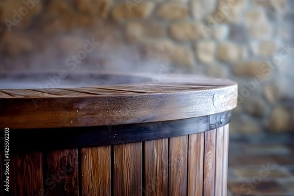 Obraz Close-up of a wooden hot tub with rising steam
