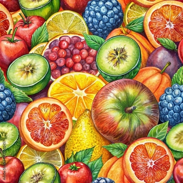 Fototapeta Watercolor illustration of colorful assorted whole and sliced fruits. apple, orange, kiwi, lemon, plum, berries. Seamless pattern for healthy eating, vegan, vitamins, recipes.