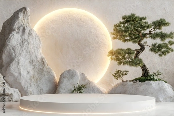 Obraz A white podium with an elegant bonsai pine tree on it, surrounded by rocks and illuminated by soft lighting.