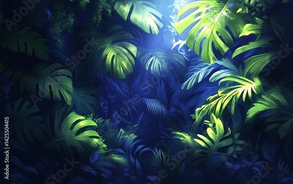 Fototapeta lush tropical jungle with bright green foliage and sunlight filtering through leaves