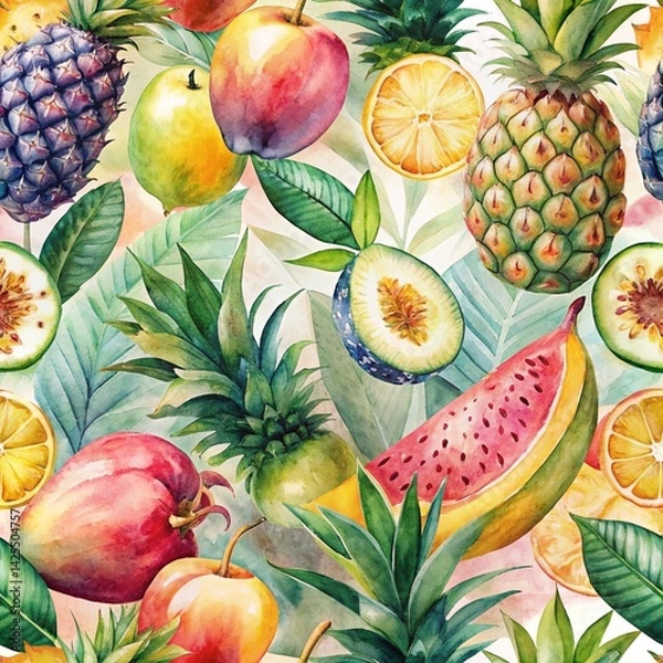 Fototapeta Watercolor Tropical Fruits Seamless Pattern. Vibrant Summer Design with Pineapples, Watermelon, and Citrus