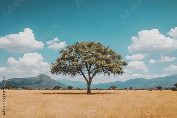 Obraz A beautiful tree stands alone in the vast African savannah.