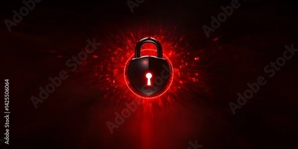 Obraz A lock symbol on a dark background with red lights a cybersecurity concept.