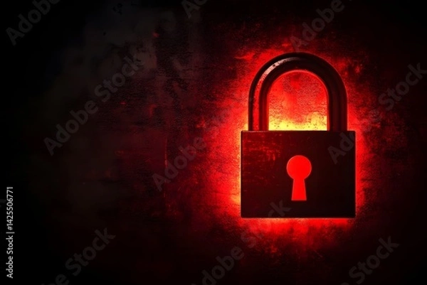 Obraz A lock symbol on a dark background with red lights a cybersecurity concept.