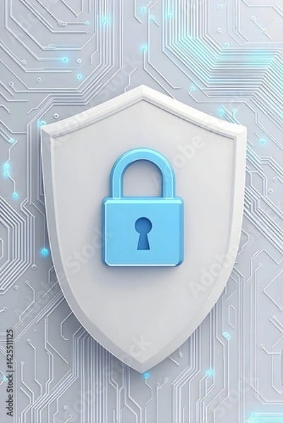 Obraz 3D render of a white shield with a blue padlock icon on a circuit board background