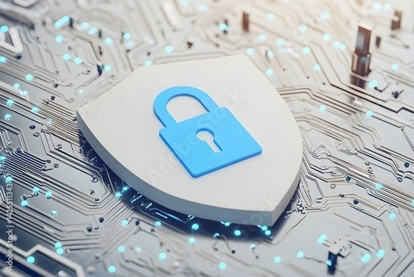 Obraz 3D render of a white shield with a blue padlock icon on a circuit board background