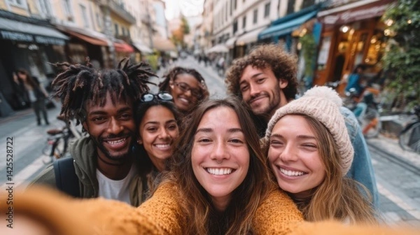 Fototapeta Diverse group of young adults smiling and taking a selfie in a bustling european street