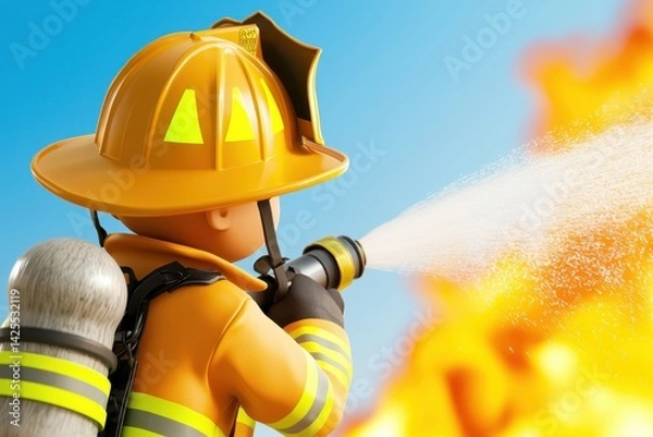 Fototapeta A firefighter sprays water on a blazing fire, showcasing courage and commitment to safety in a vibrant, action-packed scene.