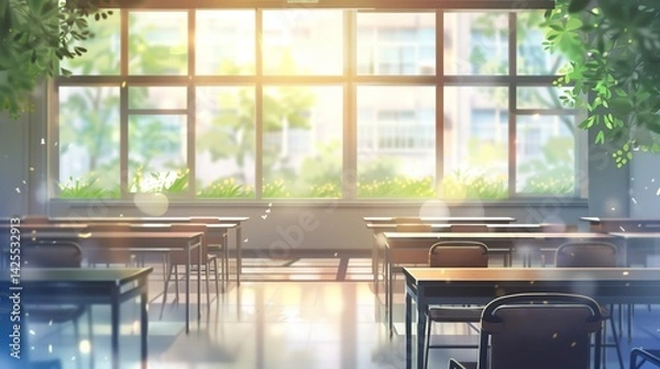 Fototapeta Beautiful blurred background of bright classroom and study room with panoramic windows and beautiful lighting. Blurred Empty school background