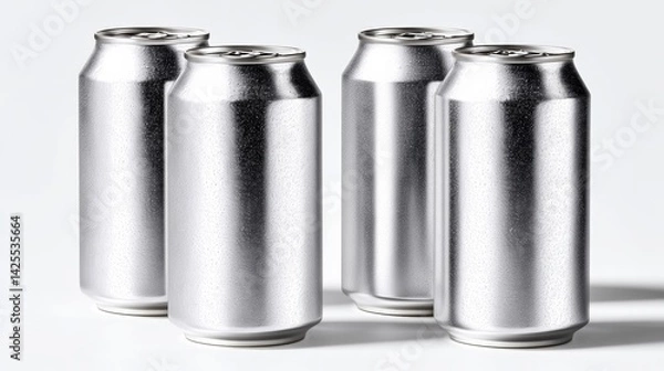 Fototapeta Four cans of soda are lined up on a white background. The cans are all silver and appear to be empty