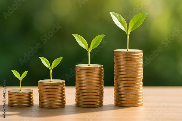 Fototapeta Stacks of coins with green plants on the table symbolize financial growth and investment.
