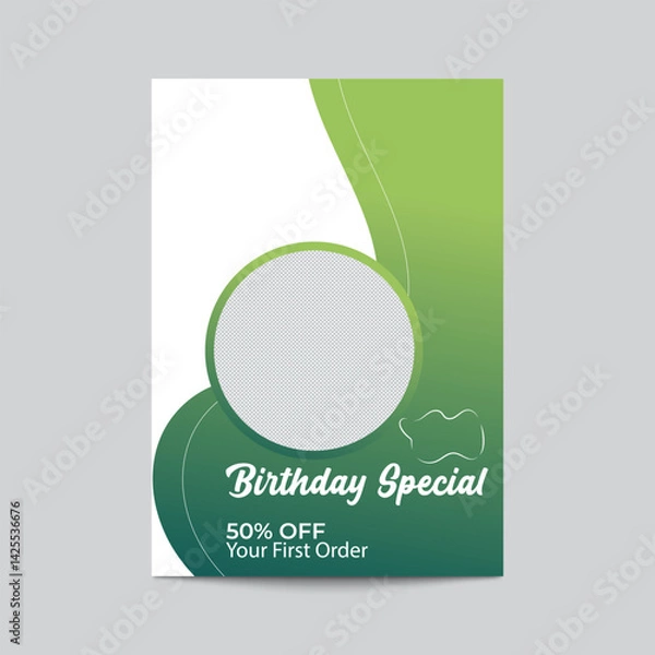 Fototapeta Birthday Special Promotion Template With Green Gradient Background And Photo Placeholder