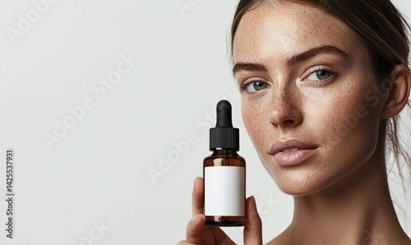 Fototapeta Caucasian female model, holding an amber glass dropper bottle with blank white label and black cap close to her face.