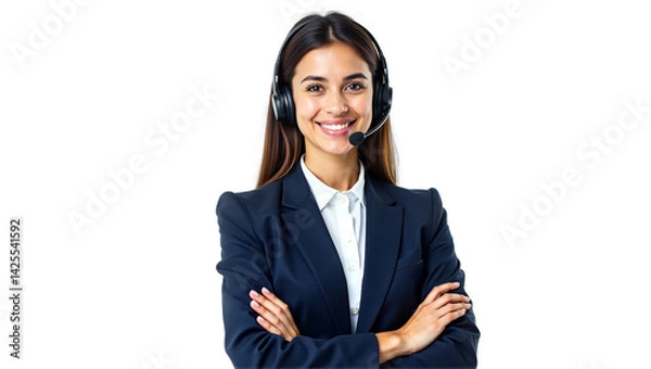 Fototapeta Professional happy woman in headset and business suit, arms crossed, isolated on transparent background for call center, customer service, telemarketing, or consulting career concepts.