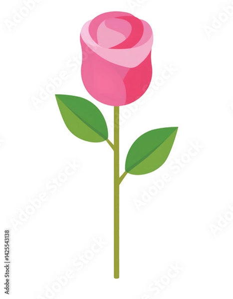Fototapeta Simple flat illustration of a pink rose with green stem and leaves isolated on a transparent background