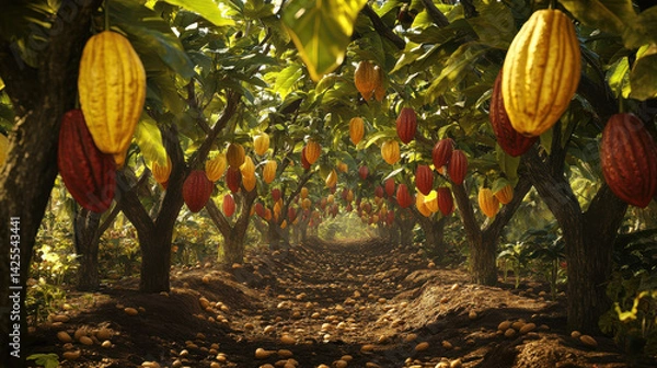 Obraz Vibrant cacao plantation showcasing ripe pods hanging from lush trees under bright sunlight