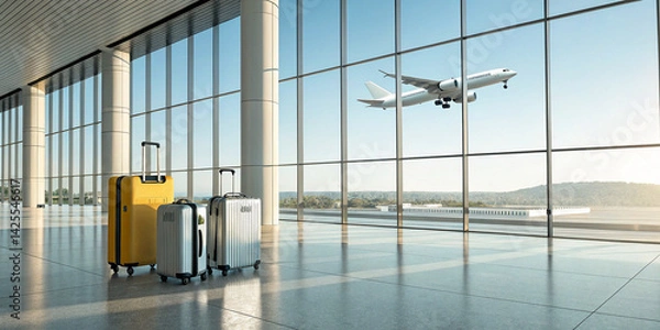 Fototapeta airport departure hall, sunlight streaming through floor-to-ceiling windows, modern architecture with sharp angles and clean lines, sleek chairs and seating areas, luggage cart with suitcases
