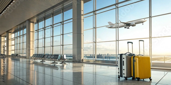 Fototapeta airport departure hall, sunlight streaming through floor-to-ceiling windows, modern architecture with sharp angles and clean lines, sleek chairs and seating areas, luggage cart with suitcases