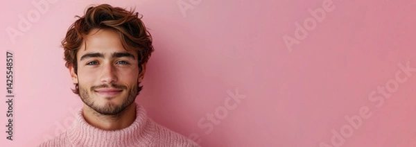 Fototapeta Cheerful young man with tousled hair wearing cozy knitted sweater smiling brightly in front of pink background with copy space Generative AI
