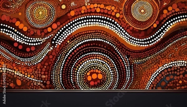 Fototapeta Vibrant Aboriginal Dot Art Banner in Rich Reds and Yellows, Featuring Traditional Text Elements Overlaid on a Timeless Design, Showcasing the Powerful Symbolism of Indigenous Australian Art.