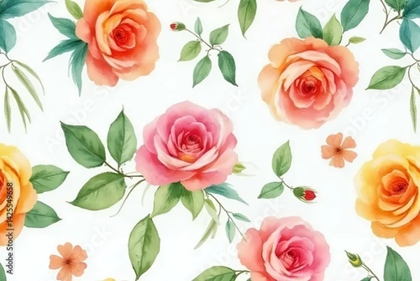 Fototapeta Seamless watercolor floral pattern with hand-painted roses in radiant peach, coral, and soft gold hues
