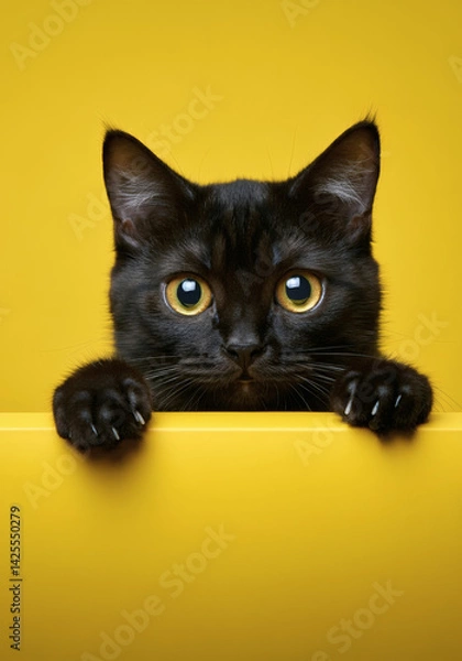Obraz Adorable black solid kitten with bright amber eyes peeking over a vibrant yellow surface, set against a solid yellow background. The curious expression and minimalist setting make this a perfect