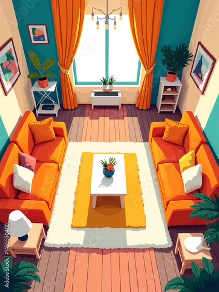 Obraz  a top view layout for a living room with 9 meters length and 4.5 meters