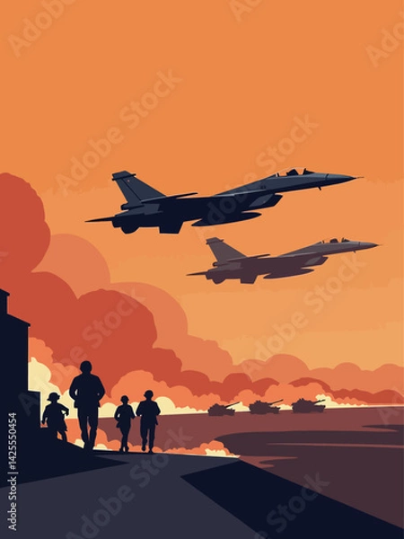 Obraz  airal view of military jets flying over battlefeilds with soldiers on it, with fire in background