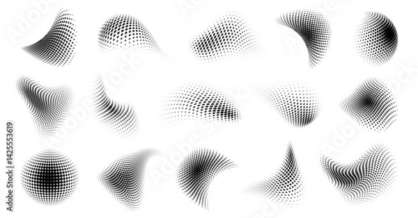 Fototapeta Collection of halftone polka dot abstract shape, curved dotted pattern in halftone theme, twisted black and white gradient texture background, grunge overlay pixel art and vector comic design element.