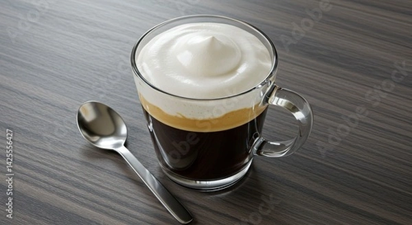 Obraz Serving Coffee with Cream in Glass Cup and Spoon on Table