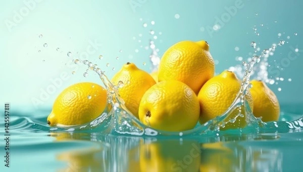 Fototapeta Several ripe lemons hitting water, causing large crown splash , healthy, ripples, splash