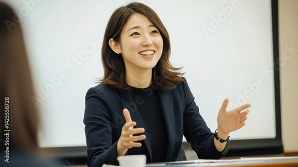 Obraz プレゼンやスピーチで聴衆に向かって話す日本人女性（講演・会社員・講師・起業・教育）