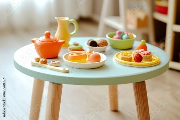 Obraz A small round table with toy dishes and pretend food. A group of toddlers pretend to serve each other snacks. The mood is fun and imaginative