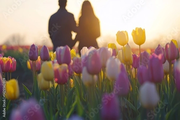 Obraz The tulip field is filled with soft pink, yellow, and purple blooms swaying in the breeze. A couple stands in the middle, taking pictures and admiring the colors around them.