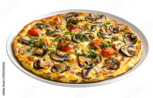 Fototapeta Gourmet Mushroom Omelette: A mouthwatering view of a beautifully crafted omelette, brimming with fresh mushrooms, vibrant tomatoes, and delicate herbs, served on an elegant plate.