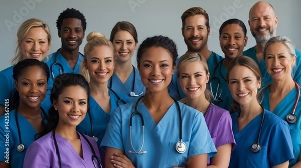 Fototapeta Smiling nurses A diverse group exudes confidence and competence in a healthcare setting