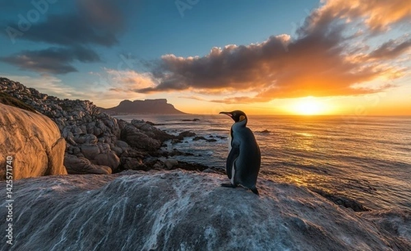 Fototapeta Photo of an African penguin on a rocky outcrop in Cape Town, with an ocean background and a sunset. 